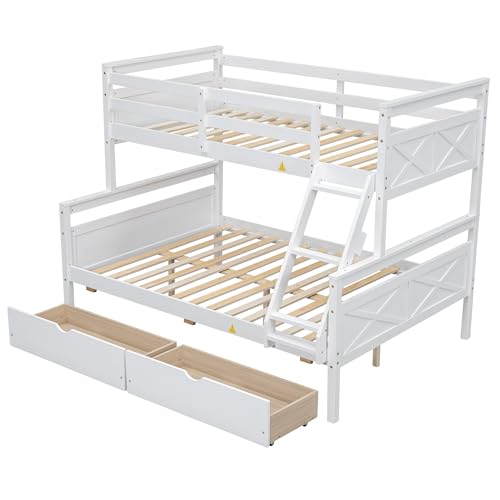 Merax Twin Over Full Bunk Bed, Kids Bedroom White Wooden Bunk Bed Frame, Convertible to 2 Separated Beds with 2 Big Drawers, Ladder & Guardrail for Teens, Wood Slat Support, Easy Assembly, White Merax