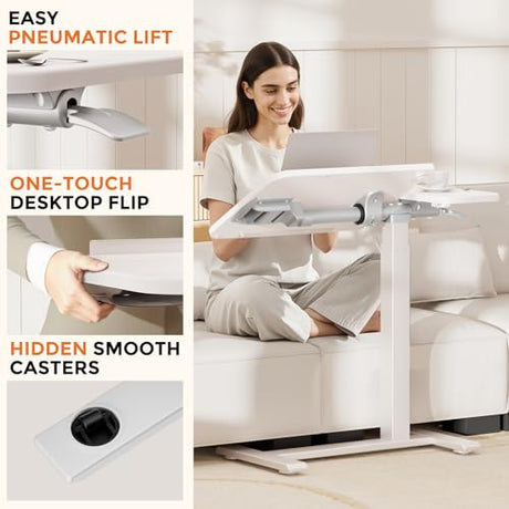 COMHOMA Tiltable Mobile Small Standing Desk, Pneumatic Adjustable Height Overbed Bedside Table with Wheels, Sit Stand Portable Rolling Laptop Desk Computer Workstations, White COMHOMA