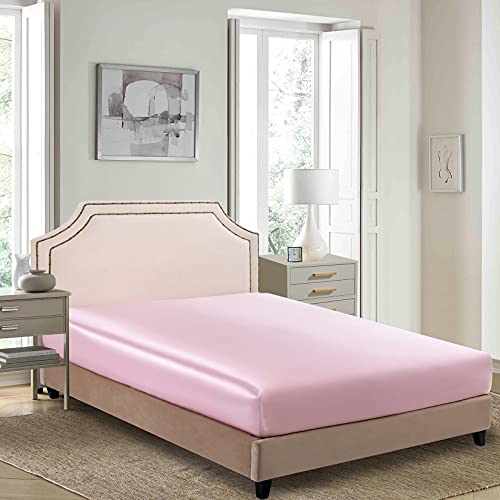 Satin Fitted Sheet, Full Fitted Sheet Only, 1 - Piece Ultra Soft Deep Pocket Single Silk Bottom Bed Sheet Full - Pink Luxbedding