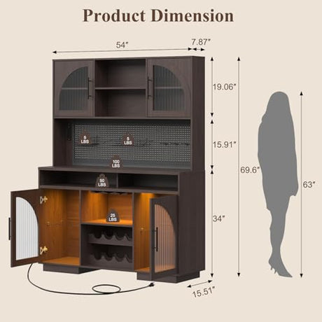 71" Pantry Cabinet, 54" Wide Kitchen Cabinet with Charging Station, Kitchen Hutch Storage with Pegboard and LED Light, Large Pantry Cabinets with Adjustable Shelves & Wine Rack for Dining Room, Brown SOLACE FURNITURE