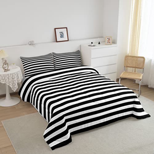 Striped Comforter Set Black and White Stripe Bedding Set Full Kids Boys Girls Women Men Farmhouse Ticking Stripes Duvet Set Horizontal Stripes Adults Abstract Gothic Home Decor Soft Reversible Erosebridal