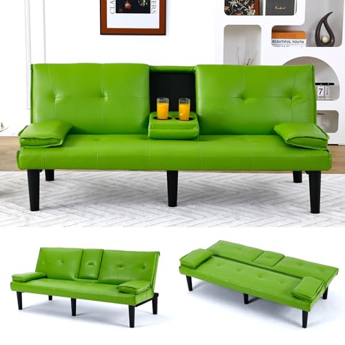 Klwenas Maec Green Futon Couch & Convertible Futon Sofa Bed for Small Space, 67" Loveseat Couches with Removable Armrests & 2 Cup Holders for Living Room Bedroom Dorm Apartment, Easy Assemble (Green) Klwenas Maec