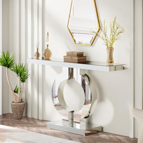 Tribesigns Modern Mirrored Console Table, Glass Sofa Table with Mirror Finish, 43-Inch Entryway Table with O-Shaped Base, Rectangular Accent Foyer Table for Living Room Hallway Entrance (Silver) Tribesigns