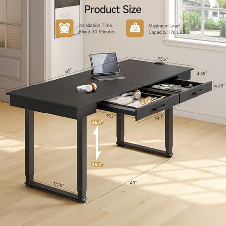 ONBRILL Standing Desk with Drawers, 63x26 Inches Rectangle Electric Stand Up Desk with Dual Motor and Memory Preset, Adjustable Height from 28-46 Inch for Home & Computer Workstation, Black ONBRILL