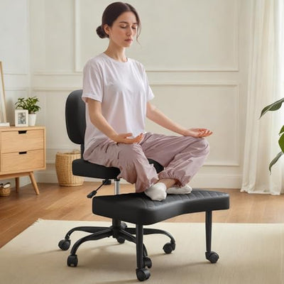 Shahoo Ergonomic Cross Legged Office Chair with Wheels - Adjustable Height Kneeling Meditation Chairs for ADHD, Yoga & Desk Work - Wide Criss Cross Seat with Lumbar Support, (Faux PU,Black)