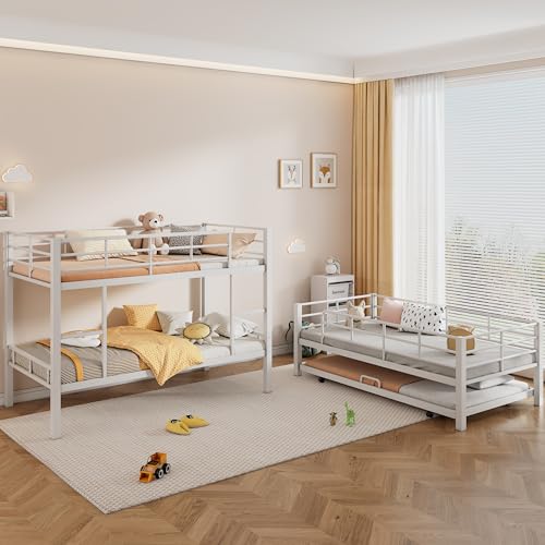 Triple Bunk Bed with Trundle Guardrail & Ladder Twin Size Metal, No Box Spring Needed, Easy Assemble Merax