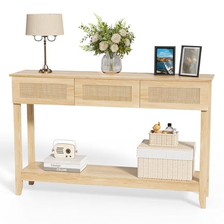 VINGLI 51" Console Table with Drawers, Rattan Entryway Table with Storage Shelf, Narrow Sofa Table, Boho Hallway Table for Living Room, Entrance, Foyer, Behind Couch, Natural Rattan VINGLI