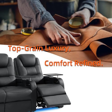 comfiroom Home Theater Seating Simple Style Top Grain Nappa Leather Recliners Chair Dual Power Movie Gaming Sofa Chair Electric Headrest with Tray Table Type-C USB Charger (Black, Row of 1) comfiroom