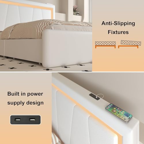 Benevika Full Bed Frame with 4 Storage Drawers and Adjustable Headboard, Upholstered Platform Bed with LED Lights and USB Ports, Solid Wooden Slats Support, Faux Leather, Easy Assembly, Beige Benevika