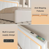 Benevika Full Bed Frame with 4 Storage Drawers and Adjustable Headboard, Upholstered Platform Bed with LED Lights and USB Ports, Solid Wooden Slats Support, Faux Leather, Easy Assembly, Beige Benevika