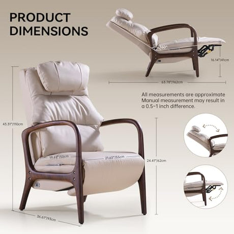EMIAH M7 Power Recliner Chair for Adults with Adjustable Lumbar Support & 5-Min Rhythmic Stretch, 160° Reclining Faux Leather Accent Chair with Adjustable Headrest for Living Room Home Theater(Beige) EMIAH