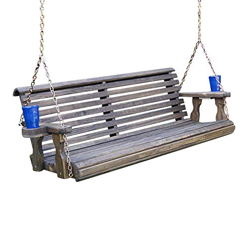 Amish Casual Heavy Duty 700 Lb Roll Back Treated Porch Swing with Hanging Chains and Cupholders (5 Foot, Dark Walnut Stain) - WoodArtSupply