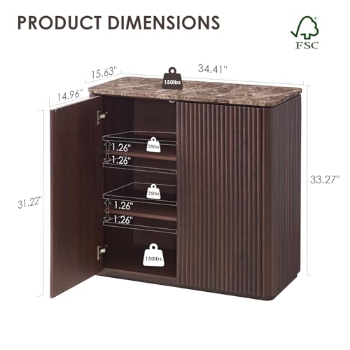 Fluted 2 Doors Sideboard Cabinet with Storage, 34" Wooden Credenza with Shelves, Faux Marble-Top Coffee Bar Console Table, Modern Buffet Cabinet for Dining, Kitchen, Living Room, Entryway, Dark Oak DelArk