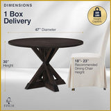 Finch Alfred Round Solid Wood Rustic Dining Table for Farmhouse Kitchen Room Decor, Wooden Trestle Pedestal Base, 46.5" Wide Circular Tabletop, Distressed Dark Brown Finch