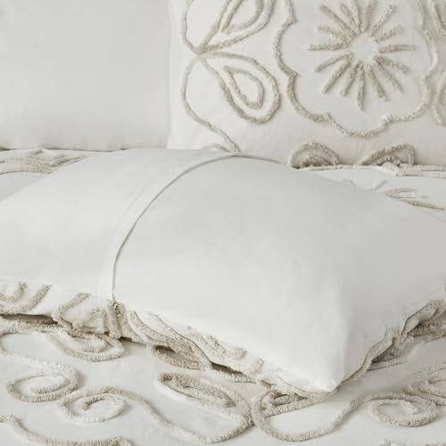 Madison Park Violette Chenille Cotton Tufted Comforter Large Medallion Design, All Season, Hypoallergenic, Soft Bedding Set, Matching Sham, Full/Queen, Ivory/Taupe 3 Piece Madison Park