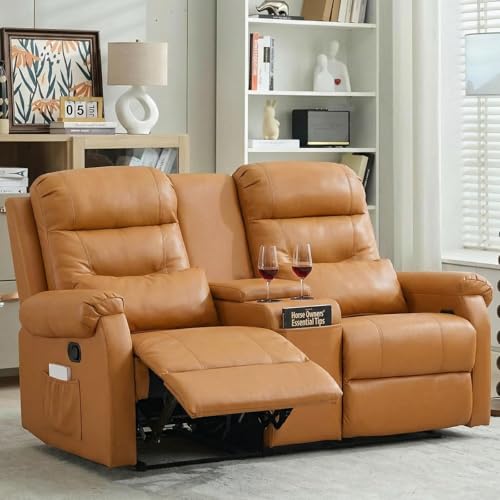 MANBUR RV Reclining Loveseat Sofa with Console, Wall Hugger Recliner Sofa, Double Recliner Home Movie Theater Seating with Cup Holders & Storage (Faux Leather Orange)