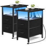 Vagusicc Set of 2 Black Nightstand with Charging Station and LED Lights, Narrow Side Table, LED Night Stand with 2 Fabric Drawers, Bedside Table Small End Table, Tall Nightstand for Bedroom, Black Vagusicc