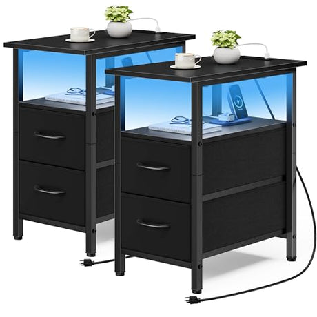 Vagusicc Set of 2 Black Nightstand with Charging Station and LED Lights, Narrow Side Table, LED Night Stand with 2 Fabric Drawers, Bedside Table Small End Table, Tall Nightstand for Bedroom, Black Vagusicc