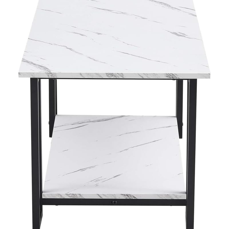 Nicemoods 39.37" Coffee Table, 2 Layers 1.5cm Thick Marble MDF Rectangle Tabletop Iron Coffee Table, Dining Room, Coffee Shop, Restaurant, White Top (White+ Black Leg) Nicemoods