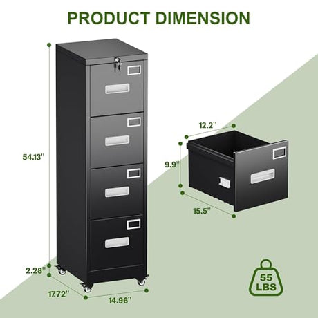 Aobabo 4 Drawer File Cabinet with Lock and Wheels, Metal Vertical Filing Cabinet with Anti-Tilt Interlock System for Home Office, Fits Letter/Legal Size, Black,Required Assembly Aobabo