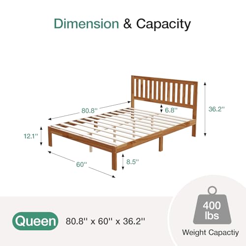 Novilla Queen Bed Frame with Headboard, Solid Wood Bed Frame Foundation with Wood Slat Support, No Box Spring Needed, Easy Assembly, Oak Novilla