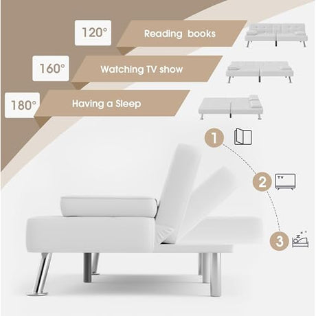 Flamaker Futon Sofa Bed Modern Folding Futon Set PU Leather Convertible Recliner Lounge for Living Room with 2 Cup Holders, Removable Armrests (PU Leather, White) Flamaker