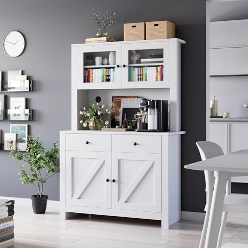 GarveeHome Kitchen Pantry Cabinet with Microwave Stand, Freestanding Hutch Cabinet with Buffet Cupboard, Tall Kitchen Cabinets with Adjustable Shelves for Dining Room, White GarveeHome