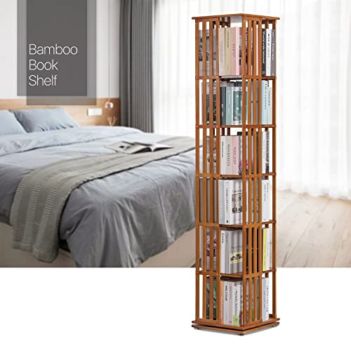 MoNiBloom 360° Rotating Tall Bamboo Bookshelf - 6-Tier Corner Storage Organizer for Home and Office, Brown - WoodArtSupply