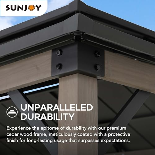 Sunjoy Wooden Grill Gazebo, 8 x 12 ft. Steel Hardtop Outdoor Gazebo for Year-Round Grilling, 2 Full Size Grills, Griddles or Smokers - Cook Station, Barbeque, Built-in Electrical Outlets, Black Sunjoy
