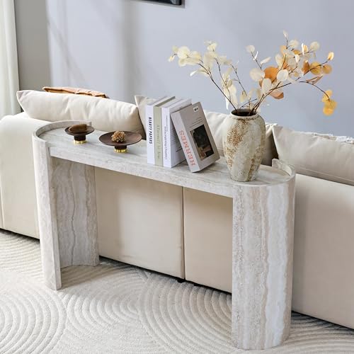 BFJDM 53" Faux Travertine Stone Console Table for Entryway, Sofa Entrance Table with Faux Mars Marble Pattern, Modern Sofa Tables with Round Raised Edge Design for Living Room, Hallway, Foyer, Beige BFJDM