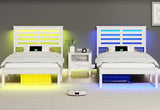 VINGLI LED Twin Bed Frame Set of 2 Solid Wood Platform Single Bed with Headboard USB Charging Station,Panel Bed, Wood Slat Support Mattress Foundation, White VINGLI