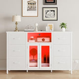 White Dresser for Bedroom Dresser TV Stand with Charging Station for 60" TV 6 Drawer Dresser Entertainment Center with LED Long Fabric Bedroom Dresser Organizer Unit Tall Chest of Drawers for Kids FFBCFDK