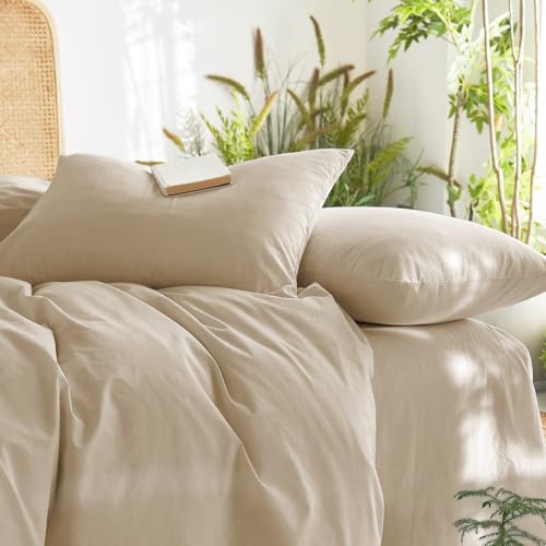 Wake In Cloud - Cotton Duvet Cover Set, Queen Size, Khaki Linen Color, 100% Washed Cotton, Linen Like Textured, Breathable Percale Durable Comfy Farmhouse Neutral Bedding Set, 3 Pieces Wake In Cloud