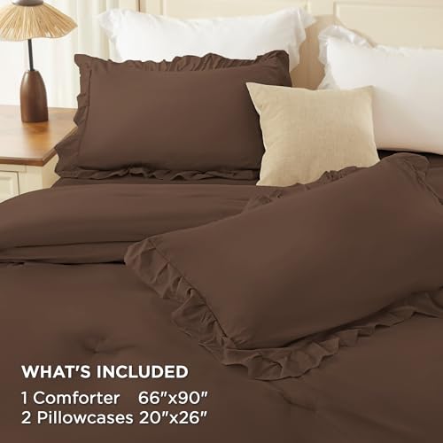 Andency Brown Twin Size Comforter Set, 2 Pieces Lightweight Fluffy Ruffle Bedding Set for Dorm, All Season Soft Farmhouse Shabby Chic Bed Set for Kids, College Dorm (66x90In Comforter)