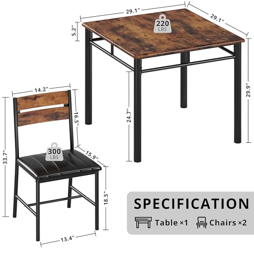 IRONCK Dining Table Set for 2, Small Kitchen Table with Upholstered Chairs Dinning Table Set for Kitchen & Dining Room, Compact Dining Set for Small Spaces, Rustic Brown IRONCK