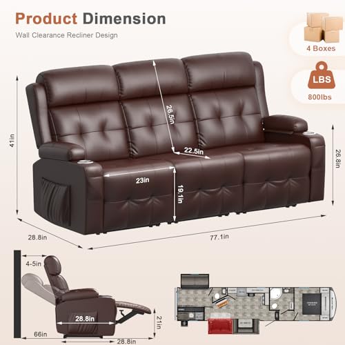 Futon Sofa Bed, 3-Seater Reclining Futon Home Theater Seating Couch with Flip Middle Backrest, RV Wall Hugger Sleeper Sofa Bed with Pockets, Dawer & Cup Holders, 150° Recline for RV & Living Room Tiooii