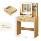 Memobarco Fluted Vanity Desk with Mirror and Lights, Small Makeup Vanity with 2 Drawers and Jewelry Storage Cabinet, 3 Lighting Modes Adjustable Brightness, Dressing Table for Bedroom - Natural Oak Memobarco