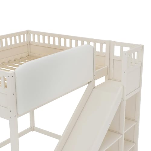 Bellemave Bunk beds Full Over Full with Slide and Stair and upholstered headboard, Low bunk/loft Bed for Kids，Beige Bellemave
