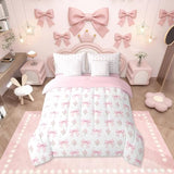 Erosebridal Bow 7 Piece Comforter Set Twin Bed in a Bag for Girls Kids,Girly Pink Floral Coquette Bedding Sets for Child Bow Ribbon Heart Shaped Quilt Dreamy Princess Style Sheet Set with Comforter Erosebridal