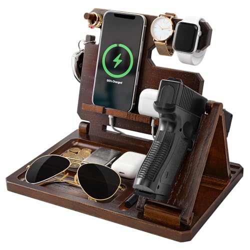 Roylvan Multifunctional Wooden Gun Rack, Durable Nightstand Organizer with Pistol Rack for Phone Wallet Ring Key Military Watch Pistol Display Stand Gun Gifts for Men Husband Dad Boyfriend, Dark Brown Roylvan