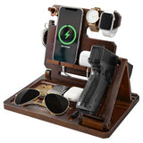 Roylvan Multifunctional Wooden Gun Rack, Durable Nightstand Organizer with Pistol Rack for Phone Wallet Ring Key Military Watch Pistol Display Stand Gun Gifts for Men Husband Dad Boyfriend, Dark Brown Roylvan
