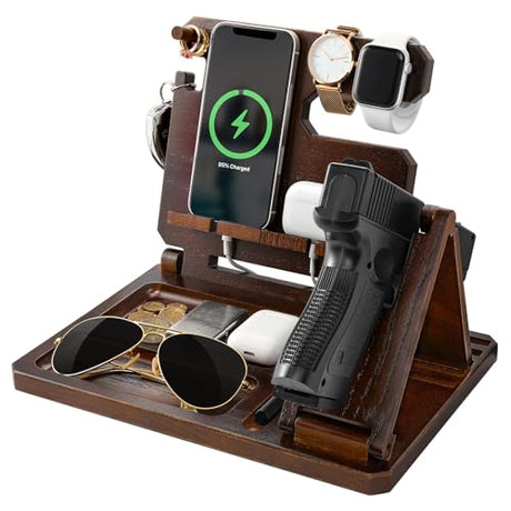 Roylvan Multifunctional Wooden Gun Rack, Durable Nightstand Organizer with Pistol Rack for Phone Wallet Ring Key Military Watch Pistol Display Stand Gun Gifts for Men Husband Dad Boyfriend, Dark Brown Roylvan