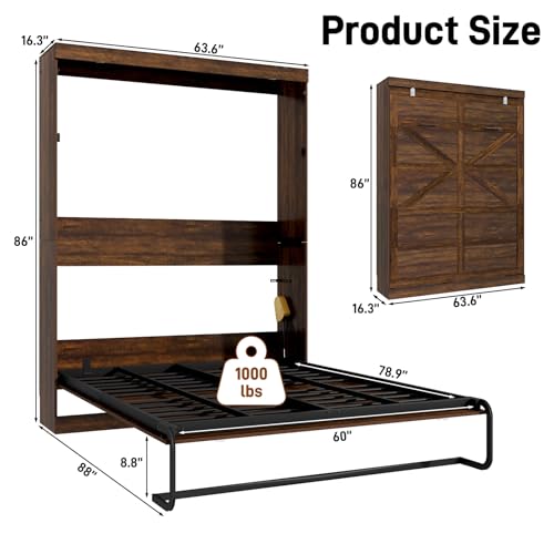 Hlivelood Queen Size Murphy Bed with 2 LED Lights, Farmhouse Wood Hidden Foldable Wall Bed Frame w/Gas Struts, Storage Bed Cabinet for Bedroom, Office, Space-Saving, No Box Spring Needed, Brown Hlivelood