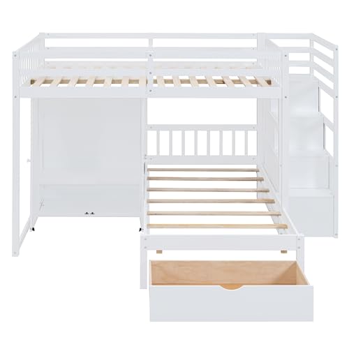 Ball & Cast Full Over Twin Bunk Bed with Safty Guardrail & Storage Stair,Wood Loft Bedframe W/Wardrobe & Drawers,Space-Saving Design,Easy Assembly,Versatile Furniture for Boy Girl Teen Bedroom,White Ball & Cast