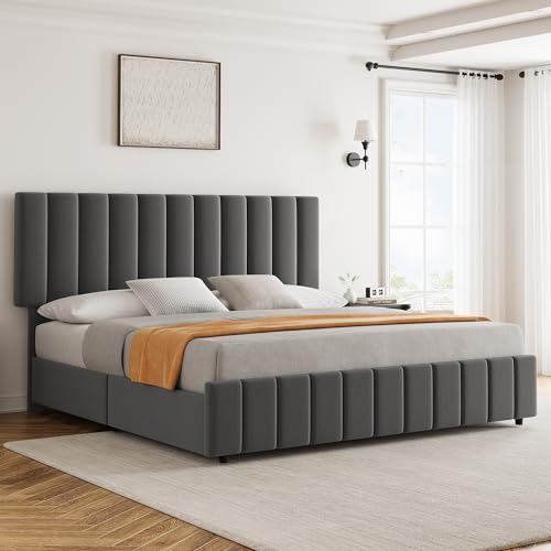 Garvee Queen Size Bed Frame with 4 Storage Drawers, Adjustable Height Headboard, Linen Upholstered Platform Bed Frame, No Box Spring Needed, Easy Assembly, Grey Garvee