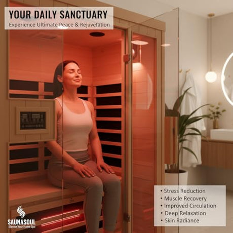 2-Person Infrared Sauna, Indoor Home Sauna Room Hemlock Wood Sauna Low EMF Far Infrared Heating with Tempered Glass Door Bluetooth Speakers, Chromotherapy Lights for Family（110V, 1850W）Truck delivery DWKWE