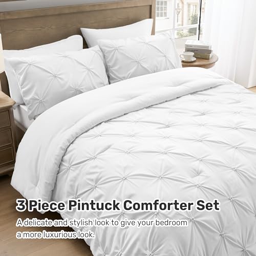 UNIKOME King Size Comforter Set White - Ultra Soft Boho Pintuck Down Alternative Bedding Set for All Seasons, 3 Pieces Lightweight Warm Pinch Pleat Bed Set with Comforter, 2 Pillowcases UNIKOME