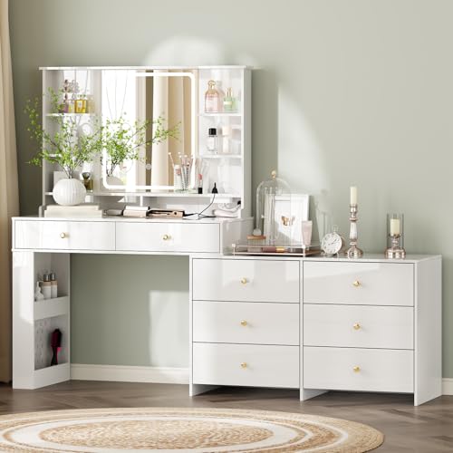 Ieejdn Makeup Vanity Desk with Mirror and Lights, Vanity Desk with 8 Drawers & Storage Shelves, Vanity Table with Power Outlet, 3 Color Modes & Adjustable Brightness Dressing Table, Bedroom,White Ieejdn