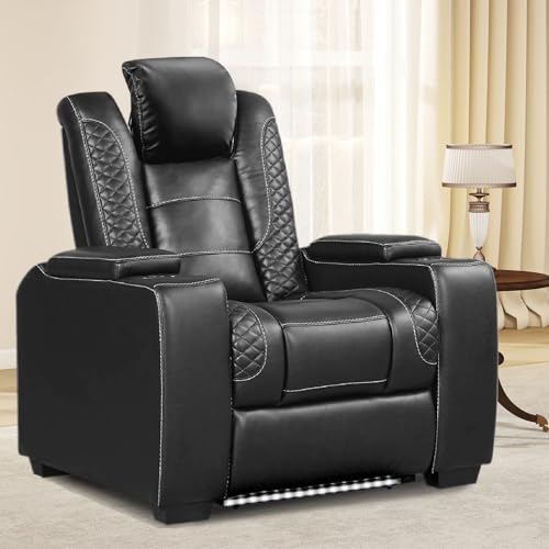 ANJ Power Recliner Home Theater Seating, PU Leather Electric Recliner Chair with Adjustable Headrest,Dual Motor Movie Reclining Chairs with Cup Holders LED Lights,USB Port,Hidden Arm Storage,Black