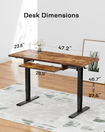 Marsail Electric Standing Desk with Ergonomic Keyboard Tray, 48x24 Inch Adjustable Height with 27.5” to 46.7” Height Range, 4 Memory Presets, Smooth and Quiet Lifting, Computer Workstation, Rustic Marsail